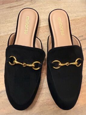 Minorsu Black Suede Backless Mules with Gold Horsebit